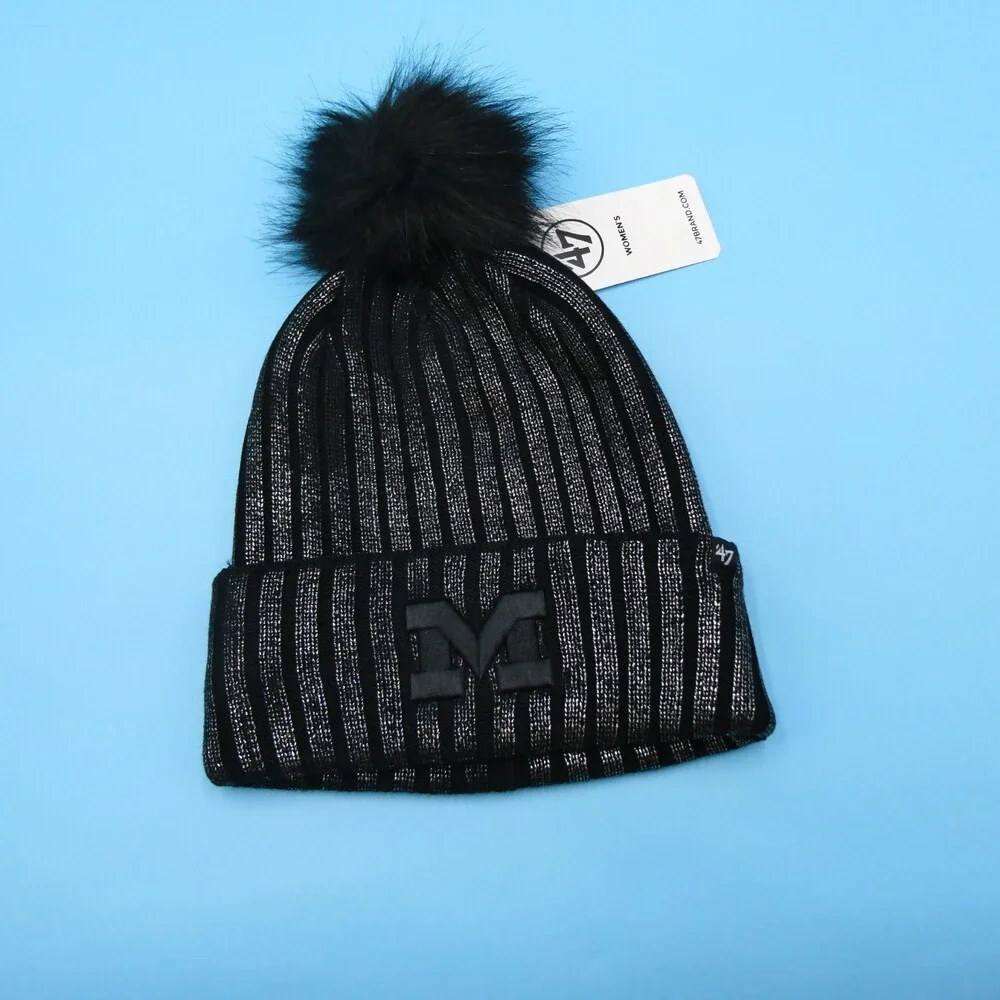 '47 Brand Michigan Wolverines Winter Hat Womens Black Silver Knit Beanie Pom New